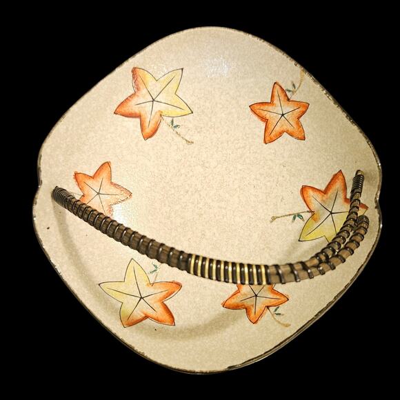 Vintage Hyalyn 6.5" Crackle Glaze Basket Bowl Orange Yellow Leaf Design Handle - Picture 5 of 7